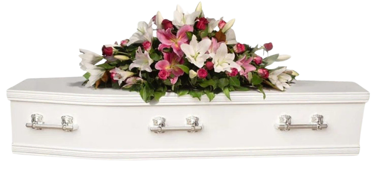 White coffin with funeral flowers for a cheap funeral perth cremation