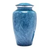 A Blue Aluminium Cremation Urn With A Marble Finish On A White Background