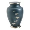 Blue Cremation Urn For Adult Ashes With White Doves In Flight, On a white Background