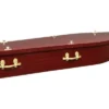 A Rosewood coffin placed horizontally and used at Farewell Cremations, that has a glossy veneered finish