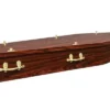 A Sapele coffin placed horizontally and used at Farewell Cremations, that has a glossy veneered finish